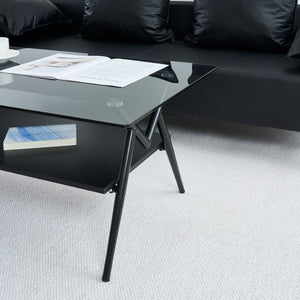 English Elm Rectangle Coffee Table With Elegant Tempered Glass Top & Black Mdf Shelf For Modern Living Room Décor W241142567-GIGA