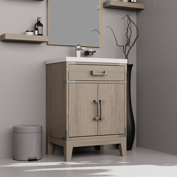 English Elm Grey Oak Single Bath Vanity with Acrylic Countertop, Soft-Close Cabinet, Mirror Included, 24"W B2731S01452