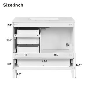 English Elm 36" White Bathroom Vanity Solid Pine Frame with Soft-Close Door, 3 Versatile Drawers & Ceramic Top N729P211167K