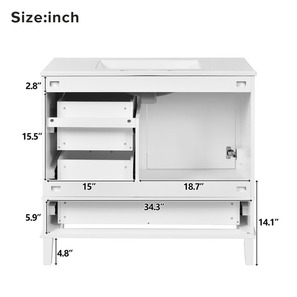 English Elm 36" White Bathroom Vanity Solid Pine Frame with Soft-Close Door, 3 Versatile Drawers & Ceramic Top N729P211167K