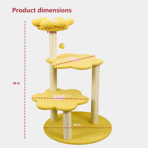 English Elm Cat Tree Daisy Floral Multi Level Climbing Tower with Sisal Posts and Plush Perch Yellow W243P451495