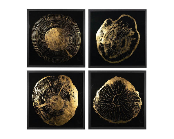 Sunpan TIME LINES Set of 4 Framed Art Panels - 30" Charcoal Frames with Gold Leaf Tree Ring Designs A0325