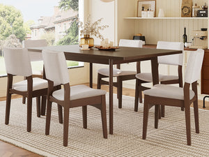 English Elm 7-piece Rectangular Rubberwood Dining Set with Six Linen Upholstered Stackable Chairs Dark Walnut N752S000018D