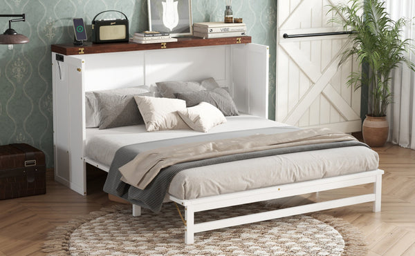 English Elm Murphy Cabinet Queen Bed Solid Pine Frame with Built-in Charging Station for Guest Rooms White+Walnut W504S00193