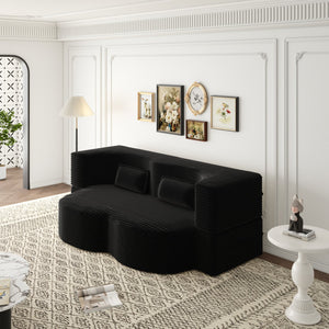 English Elm Modern Full Size Folding Sofa Bed with Plush Corduroy, 2 Pillows, 15" Foam Mattress, No Assembly Required Black W1885P347089