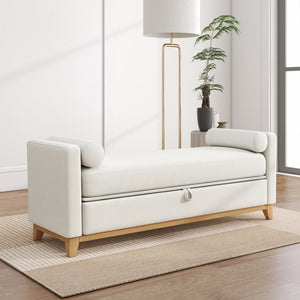 English Elm 66 Inch Sherpa Upholstered Storage Bench with Fluted Wood Base and Bolster Pillows Beige+Natural W1658P446112