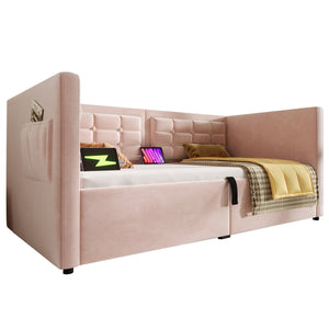 English Elm Upholstered Twin Daybed with Hydraulic Storage, Velvet Tufted Sofa Back, USB & Type-C Charging Port Pink N736P303402P