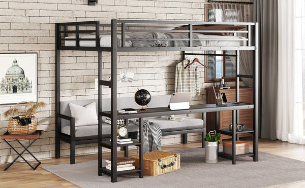 English Elm Queen Metal Bunk Bed With Desk & Usb, Versatile Loft Design Folds To Sofa, Led Lighting, Black W1580S00086-GIGA