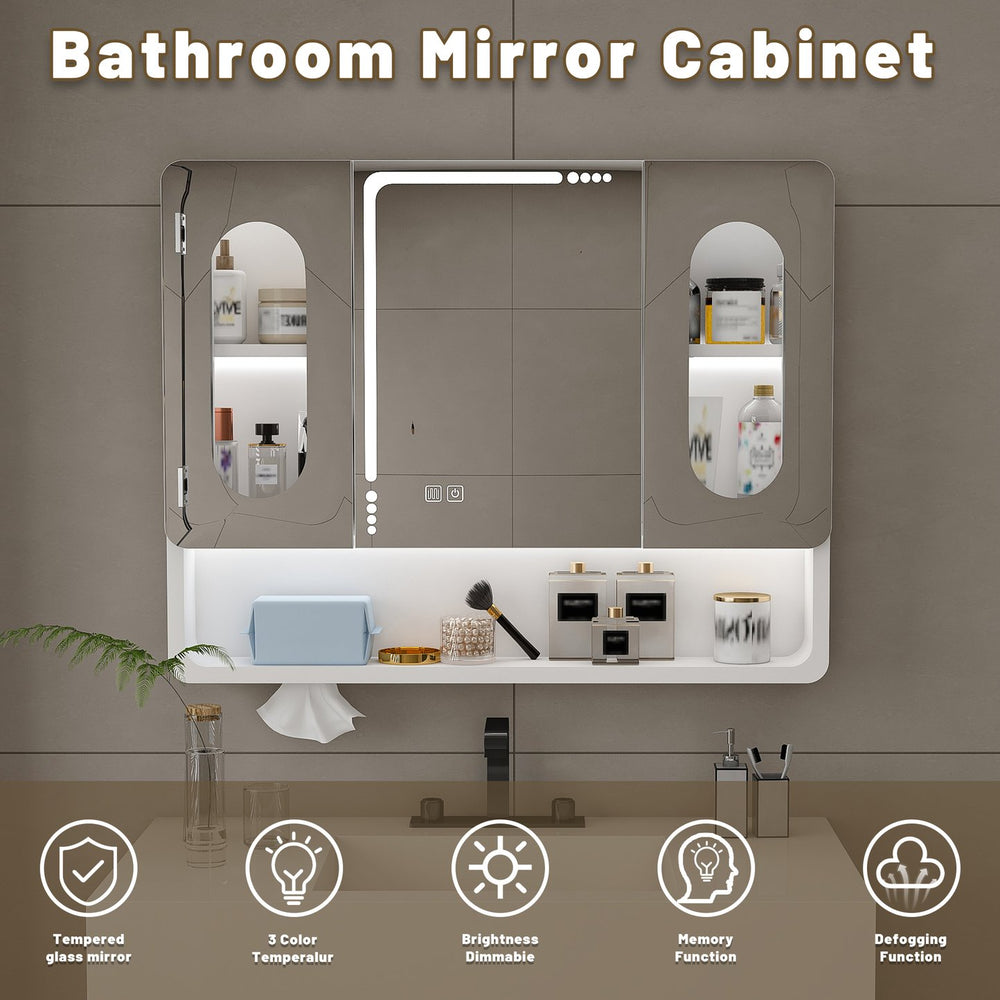 English Elm Wall Mounted Bathroom Mirror Cabinet LED Anti-Fog Explosion-Proof Touch Control 3-Color Lighting, Defogger, Spacious Aluminum Storage with Hooks and Mask Rack W2700P350174