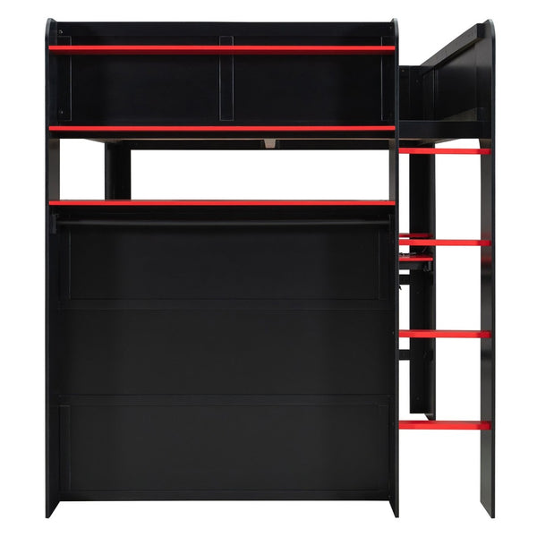 English Elm Full Size Gaming Bunk Bed with Rgb Lighting Integrated Desk Wardrobe and Storage Red LT100266AAR