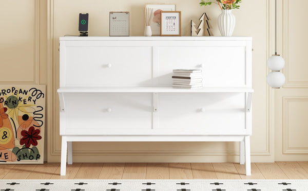 English Elm Queen Murphy Cabinet Bed Solid Pine Build with Usb Charging and Fold Out Desktop White W504S00168