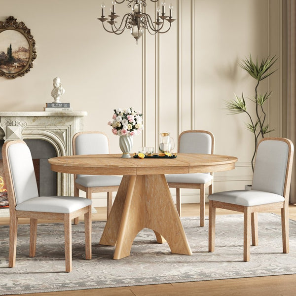 English Elm Trexm Rustic Farmhouse Extendable Dining Set Seats Six with Upholstered Rubberwood Chairs Natural Wood Wash ST000152AAD
