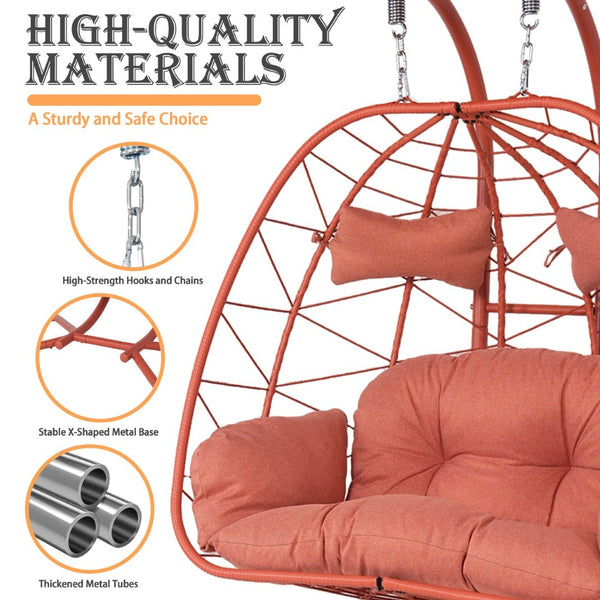 English Elm 2-person Wicker Egg Swing Chair with Canopy Steel Stand Outdoor Patio Lounger T5880P502252