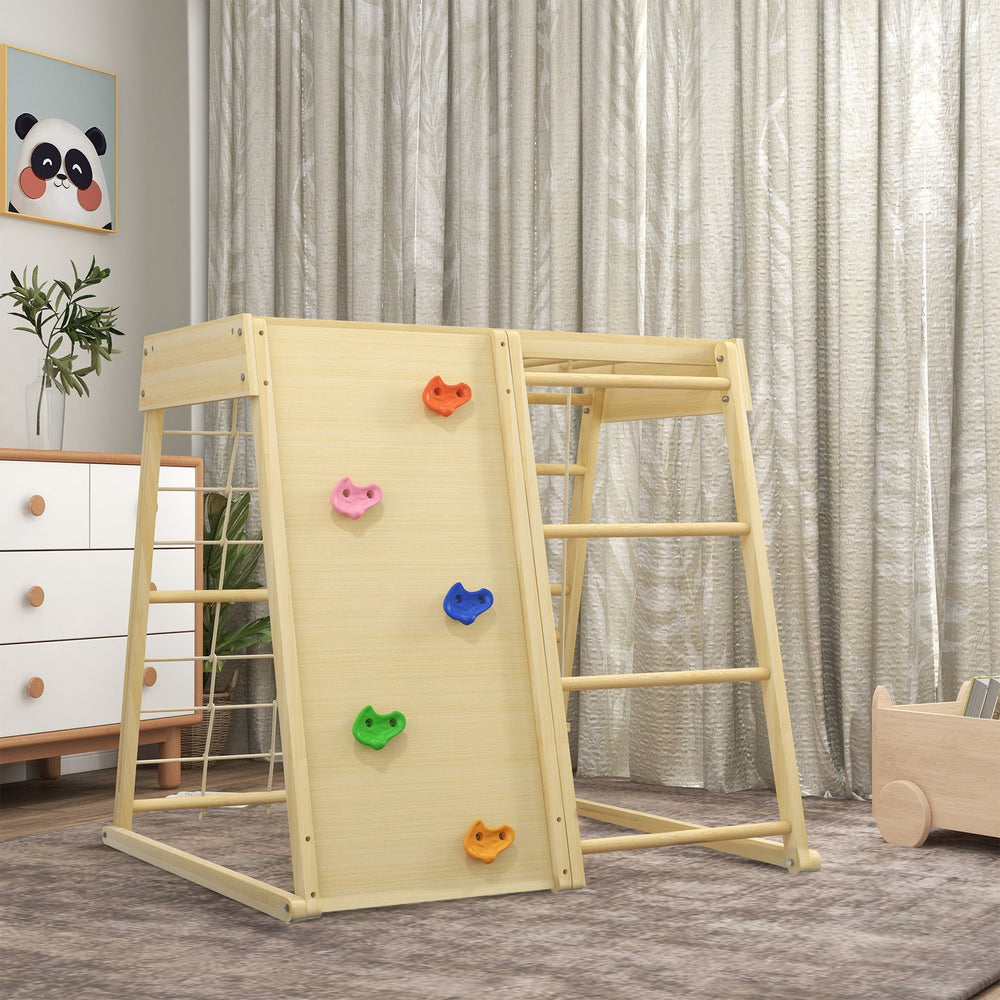 English Elm Qaba Wooden Indoor Jungle Gym 5-in-1 for Toddlers, Climbing Wall, Monkey Bars, Rope Ladder, Swing, Safe Playset 3+ W2225P229571