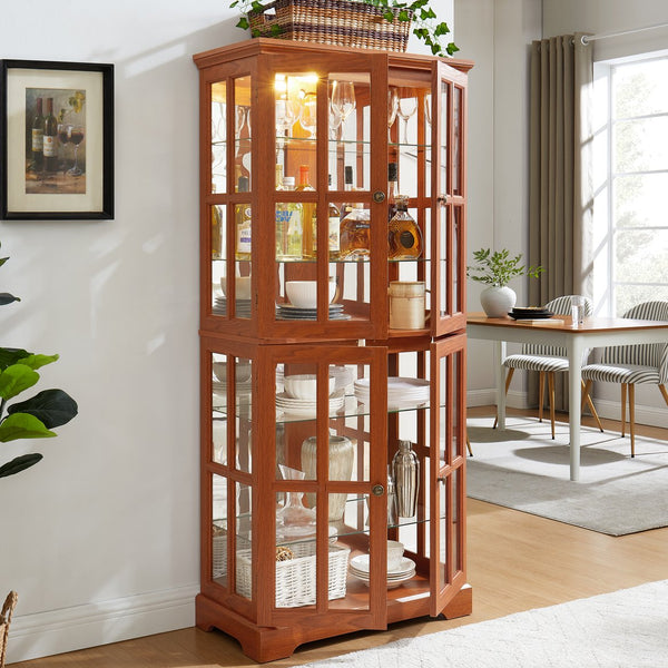 English Elm Curio Dark OAK Glass Cabinet with E26 Bulb, Vintage Lattice Doors, Adjustable Shelves, Sturdy Base W2275P292662
