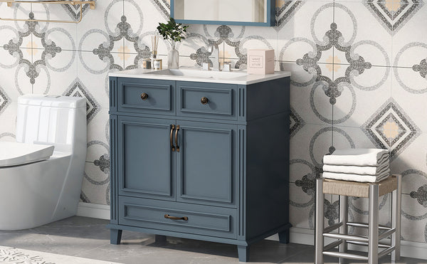 English Elm 30'' Bathroom Vanity with Sink - Retro Solid Wood Frame, Ceramic Basin, Soft-Close Doors & Ample Storage Blue N710P190656C