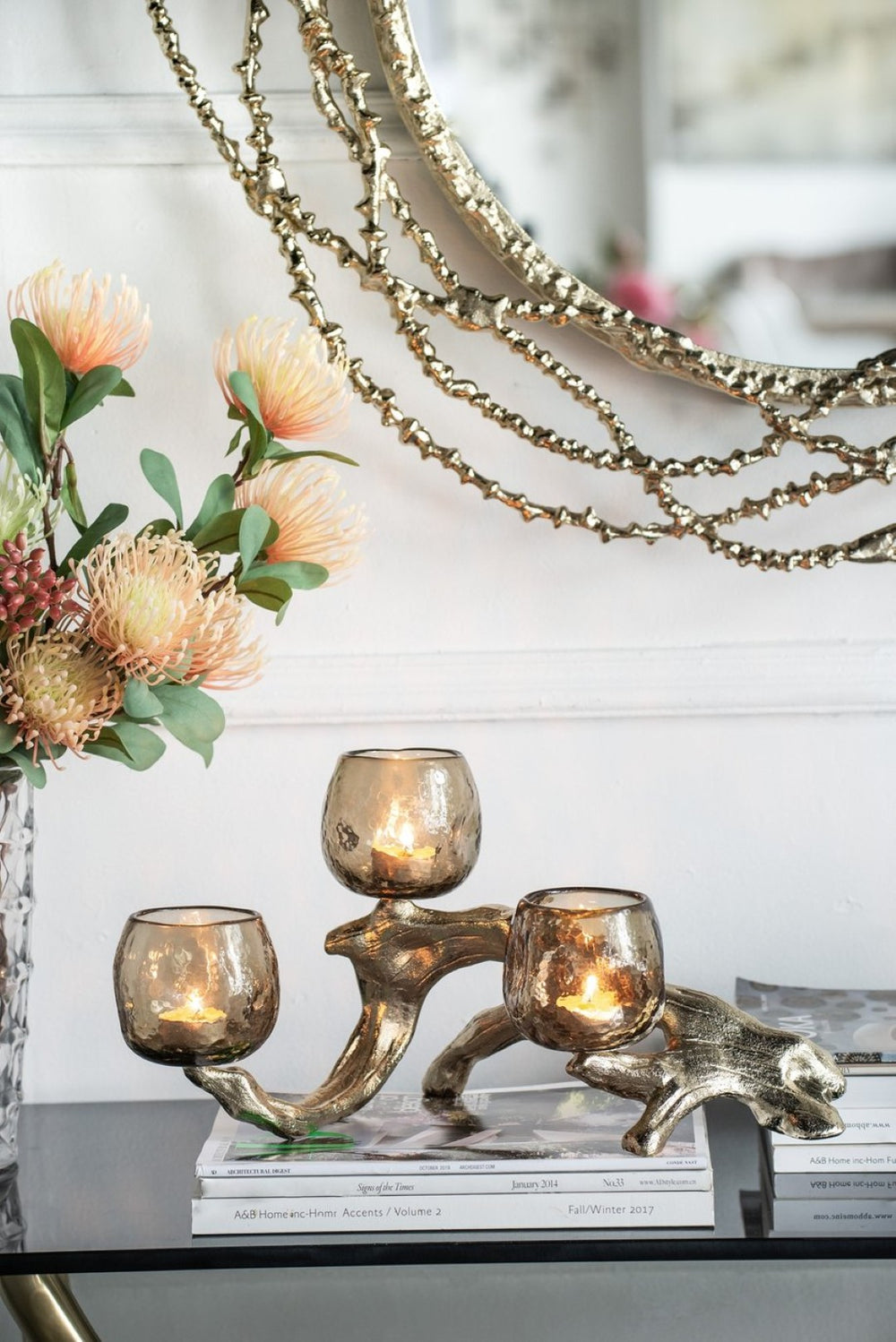 English Elm 15.7x9.1x7.9" Gold Aluminum Branch Votive Holder with Three Glass Cups for Glam Decor W2078P490404