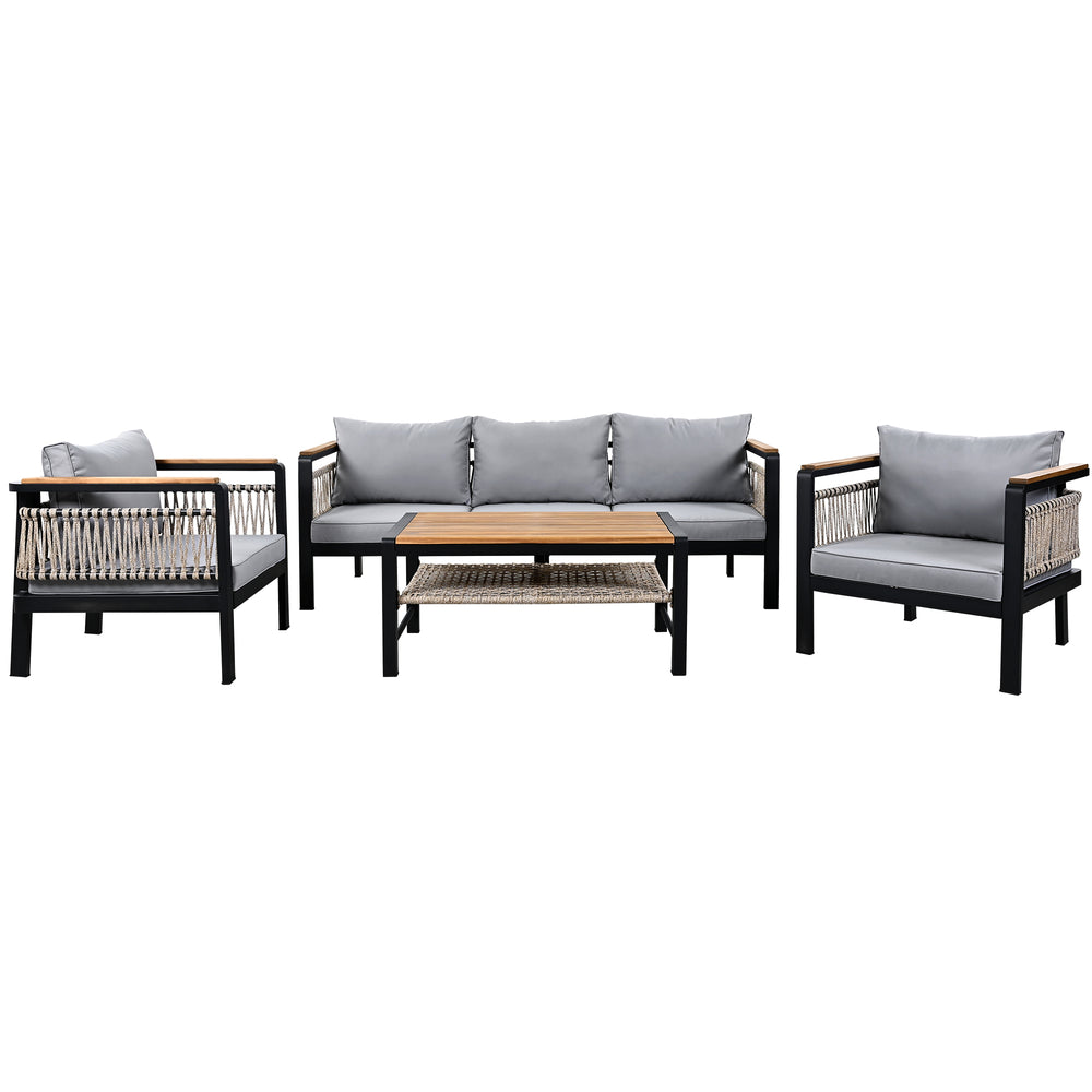 English Elm 4 Pieces Outdoor Sectional Sofa Set with Water-Resistant Cushions, Woven Rope Detail & Acacia Table Grey N719Z000130E