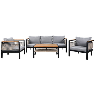 English Elm 4 Pieces Outdoor Sectional Sofa Set with Water-Resistant Cushions, Woven Rope Detail & Acacia Table Grey N719Z000130E