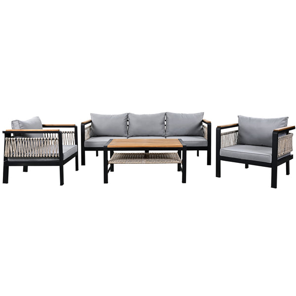 English Elm 4 Pieces Outdoor Sectional Sofa Set with Water-Resistant Cushions, Woven Rope Detail & Acacia Table Grey N719Z000130E