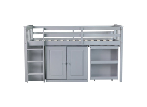 English Elm Twin Loft Bed Rubberwood Frame Pull Out Desk Storage Cabinet and Shelf Kids Room Grey W504S00287