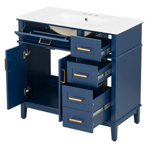 English Elm 36" Navy Bathroom Vanity Solid Wood Frame Ceramic Sink Gold Hardware Soft Close Blue N729P380151C
