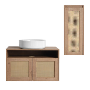 English Elm 30" Wall Mounted Bathroom Vanity Oak Finish Ceramic Art Sink Soft Close Storage W999S00495