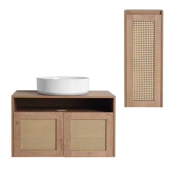 English Elm 30" Wall Mounted Bathroom Vanity Oak Finish Ceramic Art Sink Soft Close Storage W999S00495