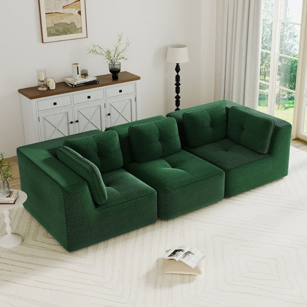 English Elm Modern Corduroy Modular Sectional Sofa Deep Seat Tufted Piping No Assembly Required Green W714S01795