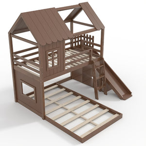 English Elm Twin Over Full Playhouse Bunk Bed with Slide Ladder Storage Shelves and Wardrobe Antique Natural W5305S00041