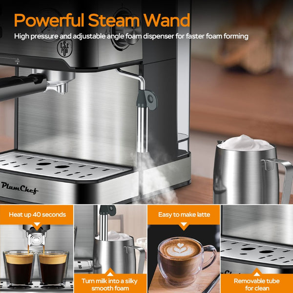 English Elm 20 Bar Stainless Steel Espresso Machine with Steam Wand for Home Barista Brewing W1002P292428