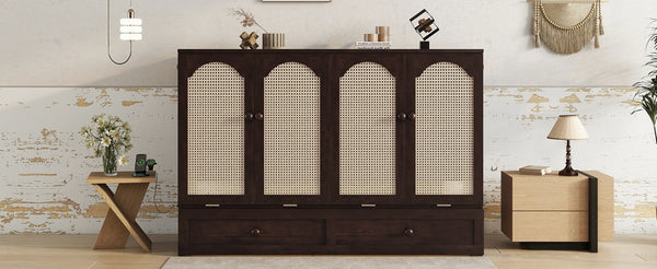 English Elm Queen Size Murphy Bed – Elegant Pine Wood Cabinet With Power Station & Rattan Accents, Espresso Finish W504S00235-GIGA