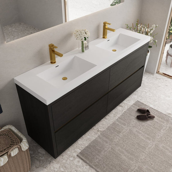 English Elm 72'' Floating Double Vanity Smoked Walnut Fluted Mdf Cabinet with Quartz Basins Espresso+White W1920P385563