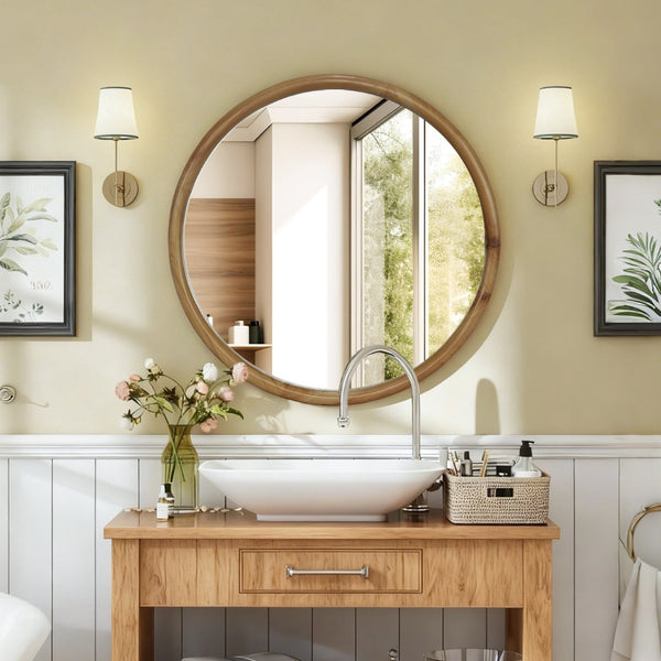 English Elm Round Natural Wood Frame Wall Mirror Mid-century Scandinavian Style for Any Room W2295P457200