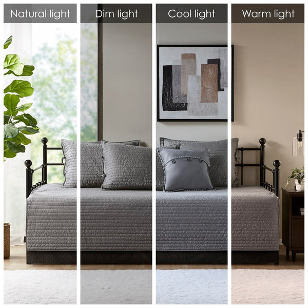 English Elm 6 Piece Reversible Plaid Daybed Cover Set with Herringbone Cabin Quilt, Twin Fit, Machine Washable Grey 17.72 L x 15.75 W x 7.48 H B035P266680