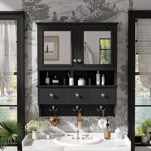 English Elm 4-in-1 Wall Mounted Bathroom Cabinet with Mirror Drawers and Towel Hooks Vanity Black N710P405416B