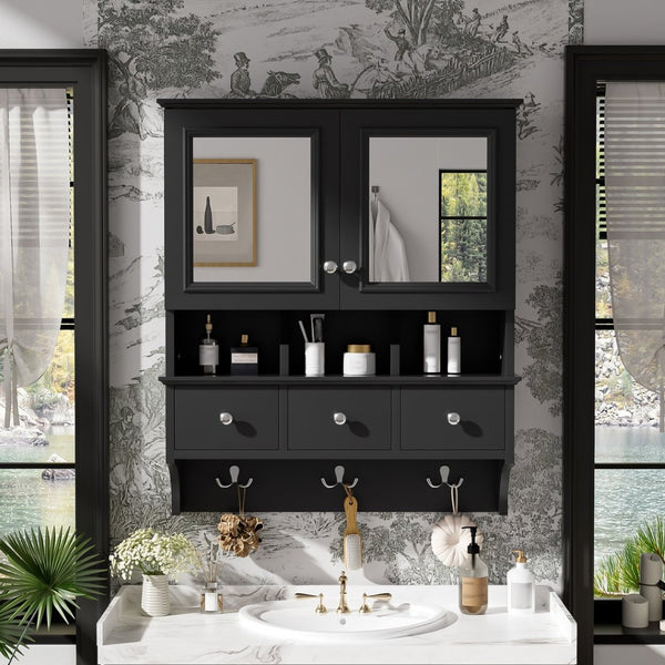 English Elm 4-in-1 Wall Mounted Bathroom Cabinet with Mirror Drawers and Towel Hooks Vanity Black N710P405416B
