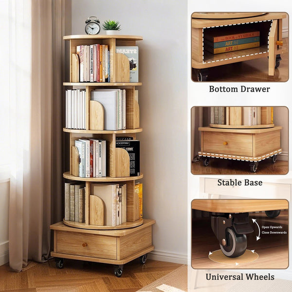 English Elm 5 Tier Rotating Bookshelf Tower with Curved Edges, 360° Smooth Spin, Stable Double-Layer Base, Space-Saving Storage Oak W3204P293695