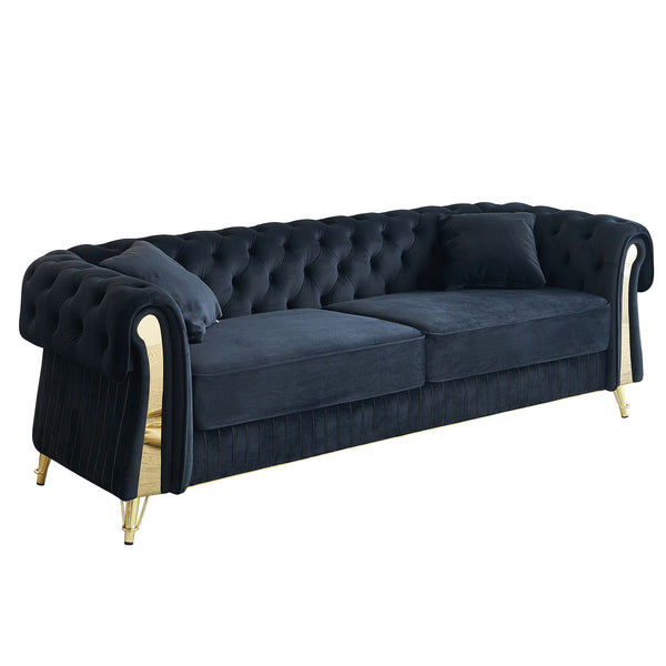 English Elm 89''W Chesterfield Modern Tufted Velvet Sofa with Pocket Springs, Gold Trim & Removable Cushions Black W579S00038