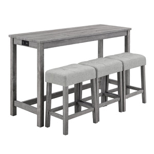 English Elm Bar Bar Table Set with Power Outlet and 4 Chairs, Industrial MDF Top, Solid Wood Seats, Durable Design Gray W487P339352