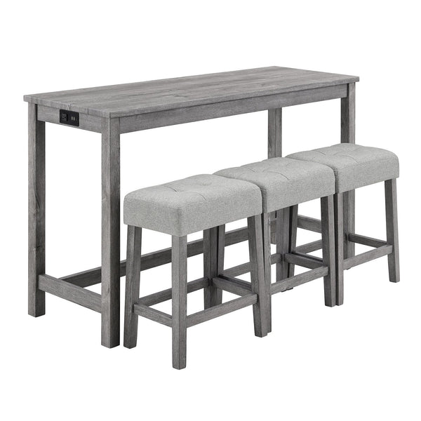 English Elm Bar Bar Table Set with Power Outlet and 4 Chairs, Industrial MDF Top, Solid Wood Seats, Durable Design Gray W487P339352