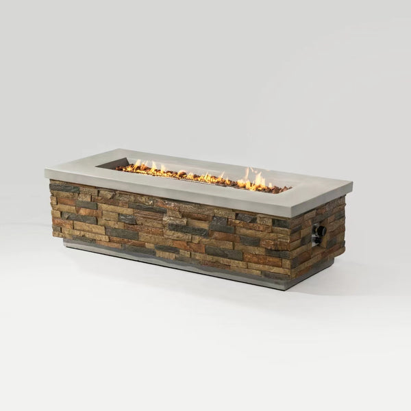 English Elm 60" Propane Gas Fire Pit Table 2-Pieces 60000 BTU Rectangular Concrete Sandstone with Cover & Lava Rocks W853S00007