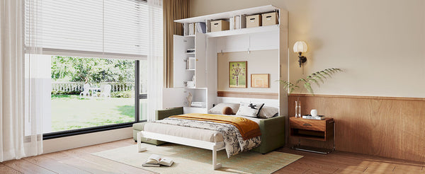English Elm Queen Murphy Bed with L-shaped Velvet Sofa Storage Cabinets for Studio Living White LP000765AAG-1