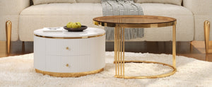 English Elm Modern Round Nesting Coffee Table Set with Gold Pedestal Legs and Storage Drawers Brown,White N735P349323D