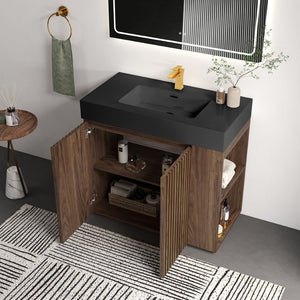 English Elm Galan Freestanding Bathroom Vanity Quartz Basin Fluted Wood Cabinet Modern Bath Walnut Brown W1865S00222