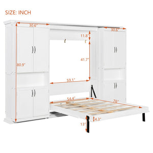 English Elm Full-size Murphy Wall Bed with Sliding Cabinets and Twelve Open Shelves for Studios White LP000919AAK