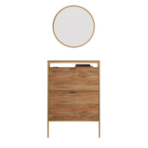 English Elm Wall-mounted Shoe Cabinet with Mirror and Hooks — Space-Saving Tilt-Out Storage, Brown Engineered Wood B356P367815