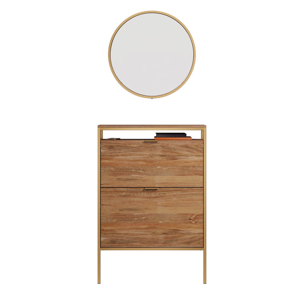 English Elm Wall-mounted Shoe Cabinet with Mirror and Hooks — Space-Saving Tilt-Out Storage, Brown Engineered Wood B356P367815