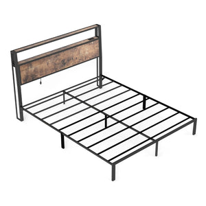 English Elm Queen Metal Platform Bed with Rgb Led Headboard Charging Station and Underbed Storage Brown T3963P483788