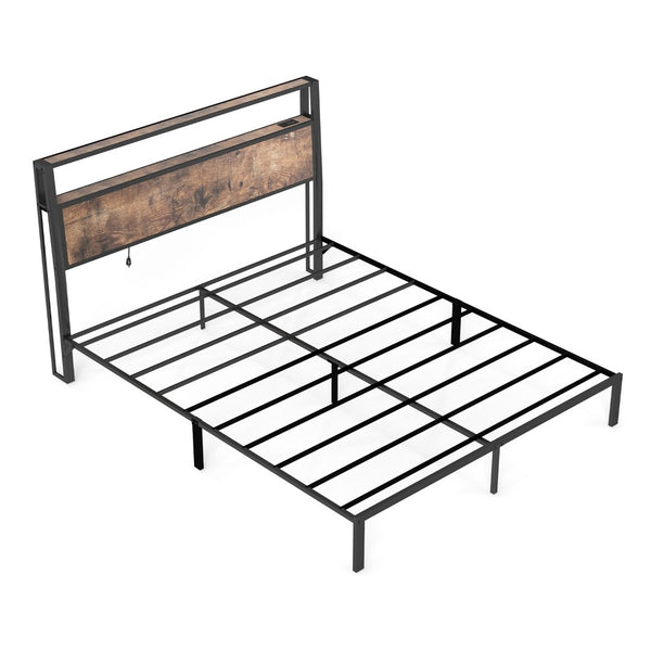English Elm Queen Metal Platform Bed with Rgb Led Headboard Charging Station and Underbed Storage Brown T3963P483788